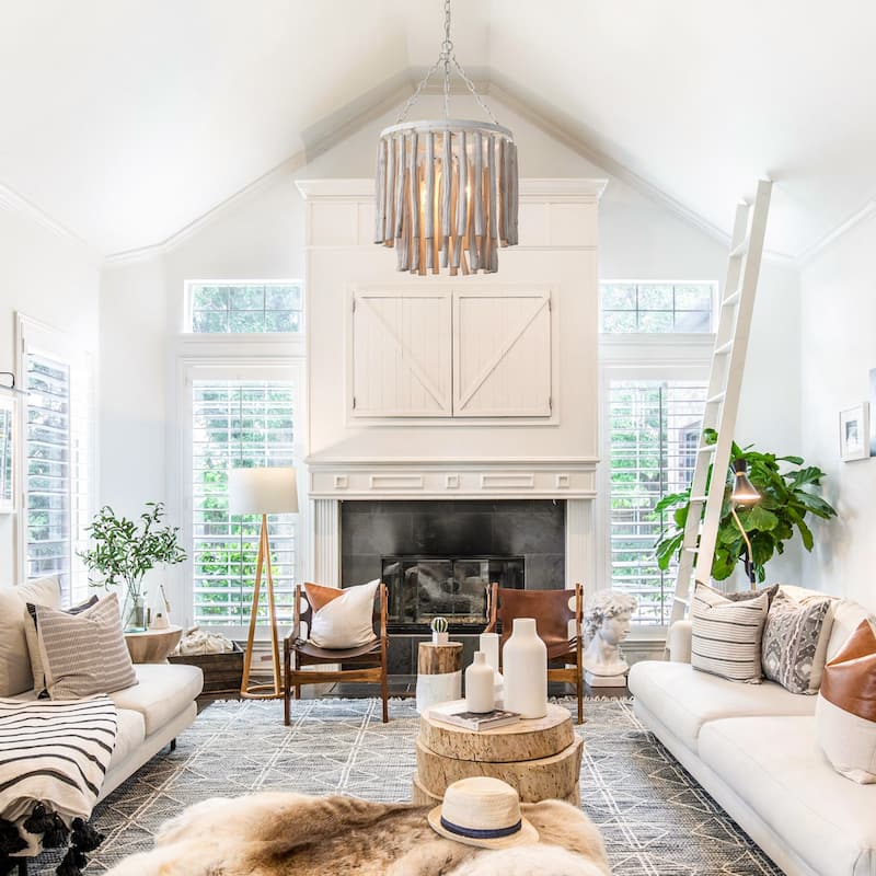 17" 4-Light Coastal 2-Tier Round Fringe White Wood Chandelier - 16.93 " D x 16.93 " W x 29.13" H