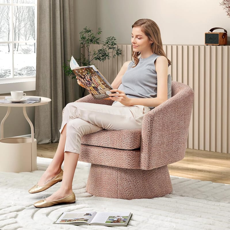 360° Swivel Accent Chair with Arms, Cozy Round Chenille Fabric - Pink