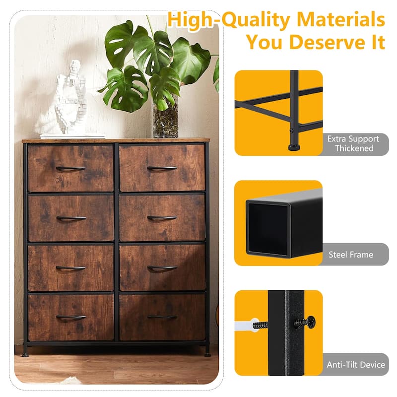 Stylish 8 Drawer Chest of Dressers for Bedroom, Tall Chest Organizer Tower with Wooden Top
