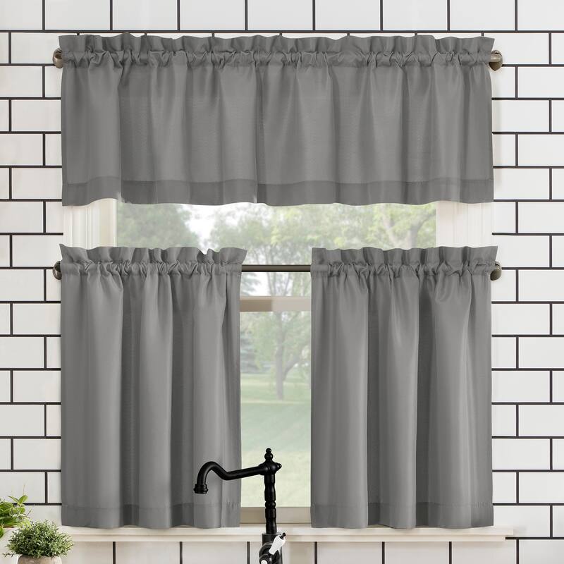 No. 918 Martine Microfiber Semi-Sheer Rod Pocket Kitchen Curtain Valance and Tiers Set - 54" x 24" - Gray