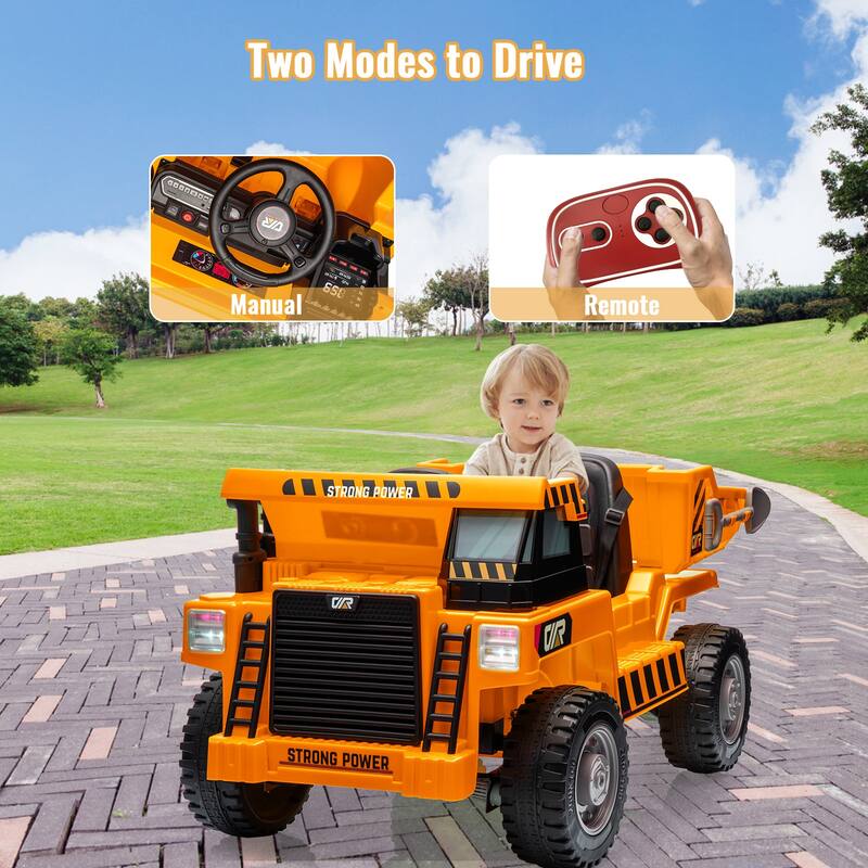12V Electric Kids Ride-on Dump Truck Toy Car with Dumping Bed, Shovel