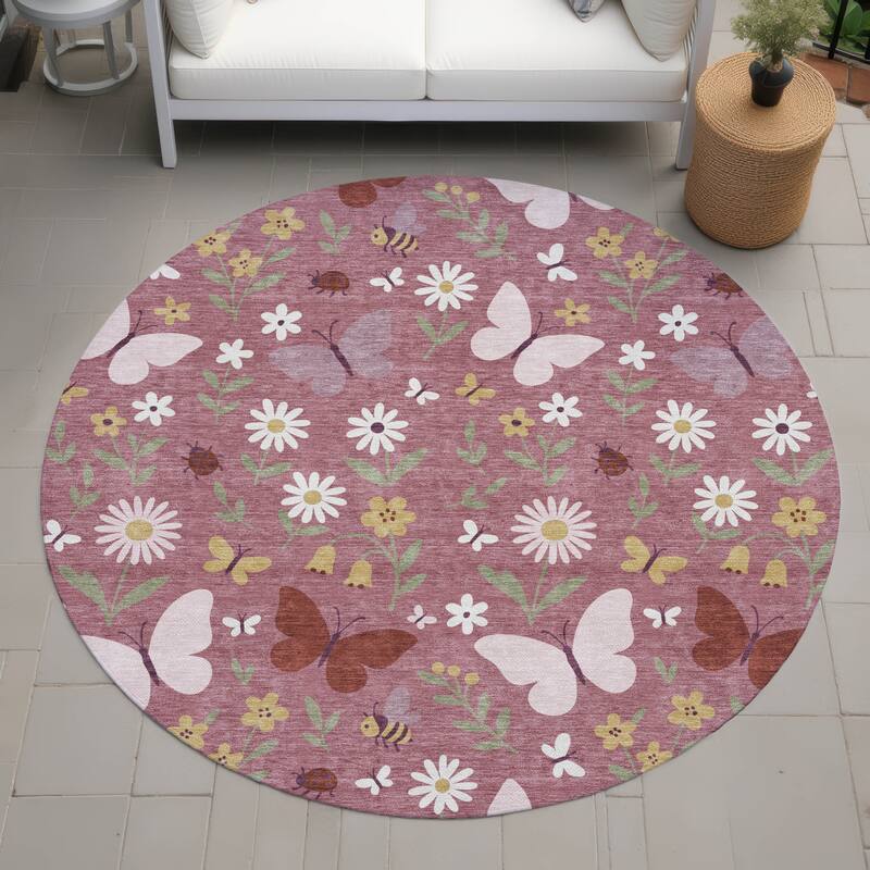 Machine Washable Indoor/ Outdoor Whimsy Butterfly Chantille Rug - Mauve - 8' x 8'