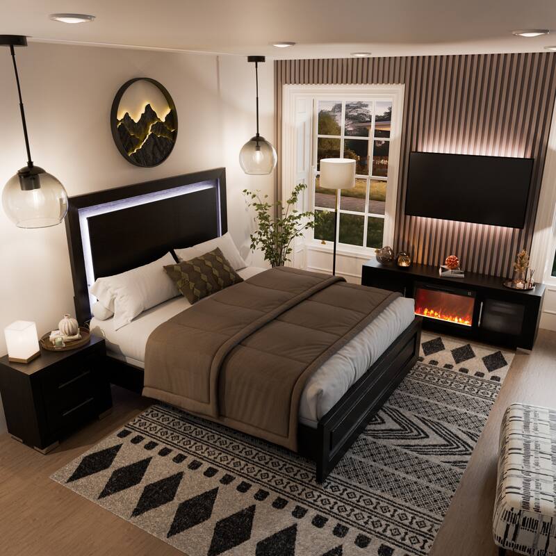 Furniture of America Alaric Modern Black Solid Wood 3-Piece Bedroom Set with 72-inch Fireplace TV Stand and Nightstand - California King