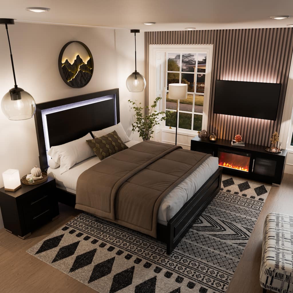 Furniture of America Alaric Modern Black Solid Wood 3-Piece Bedroom Set with 72-inch Fireplace TV Stand and Nightstand