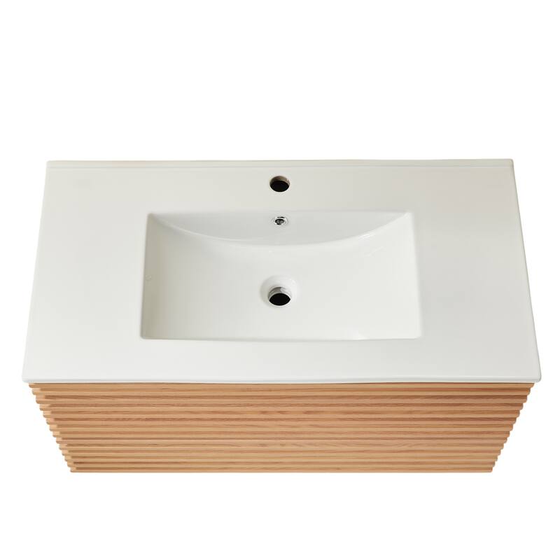 Modland 36" Wall Mount Bathroom Vanity with Ceramic Sink - 2 Soft-Close Drawers,Silk Mist Oak - 36 inch