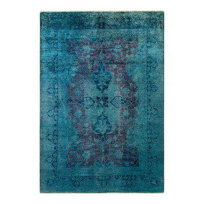 Overton Hand Knotted Wool Vintage Inspired Modern Contemporary Overdyed Blue Area Rug - 5' 11" x 8' 8"