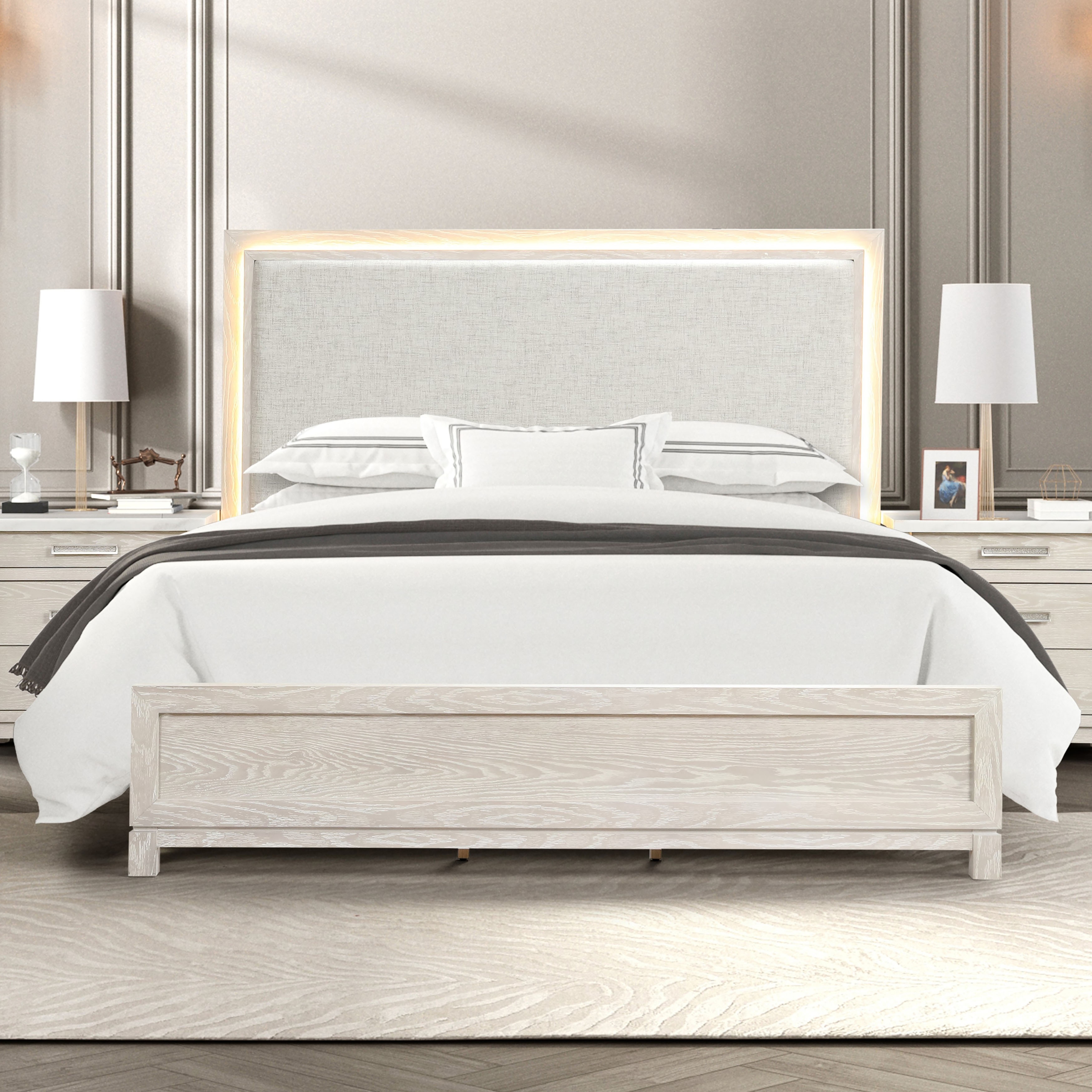 Furniture of America Nansice Modern Weathered Grey Panel Bed with LED Headboard