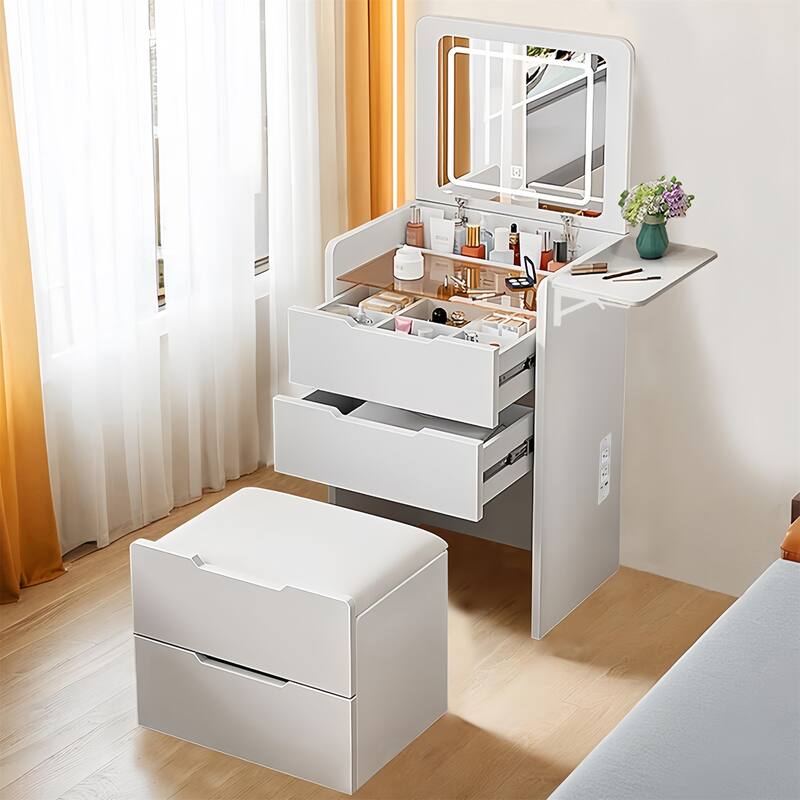 3-in-1 Makeup Vanity with Mirror,Hidden Stool,Charging Station,Lights