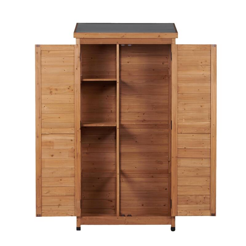 Outdoor Wooden Storage Shed with Metal Top Tall Vertical Tool Cabinet for Backyard Garden Patio Lawn