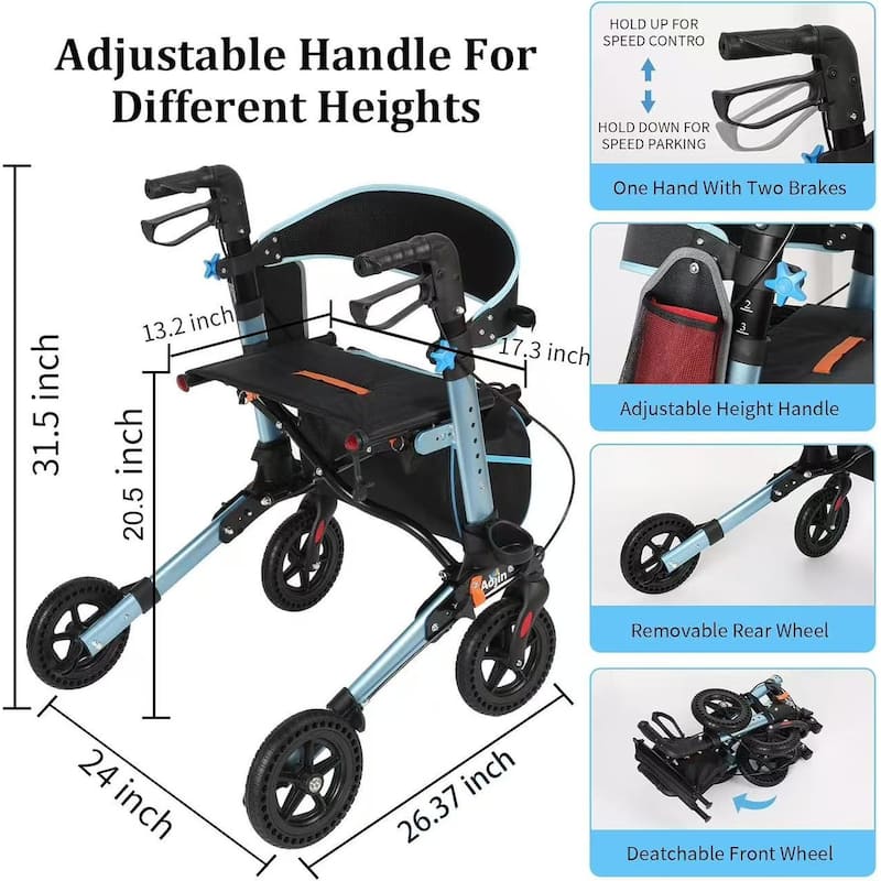 Lightweight Foldable All Terrain Rolling Walker with seat, Aluminum Walkers with 8 inch Rubber Wheels
