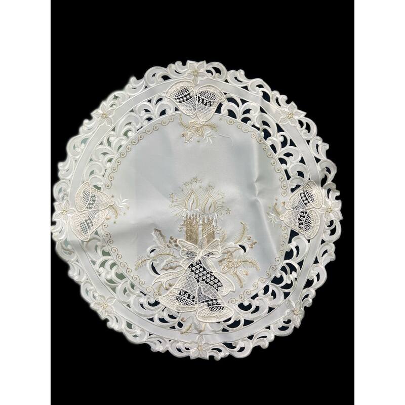 Christmas Candle Beige Lace Embroidered Cutwork Round Placemat, 15" dia.