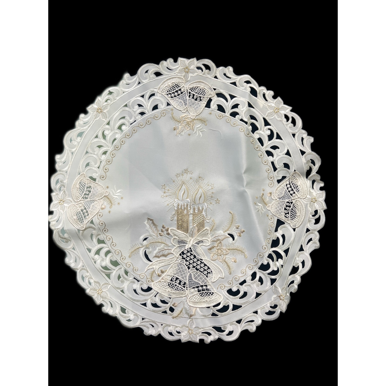 Christmas Candle Beige Lace Embroidered Cutwork Round Placemat, 15-Inch diameter