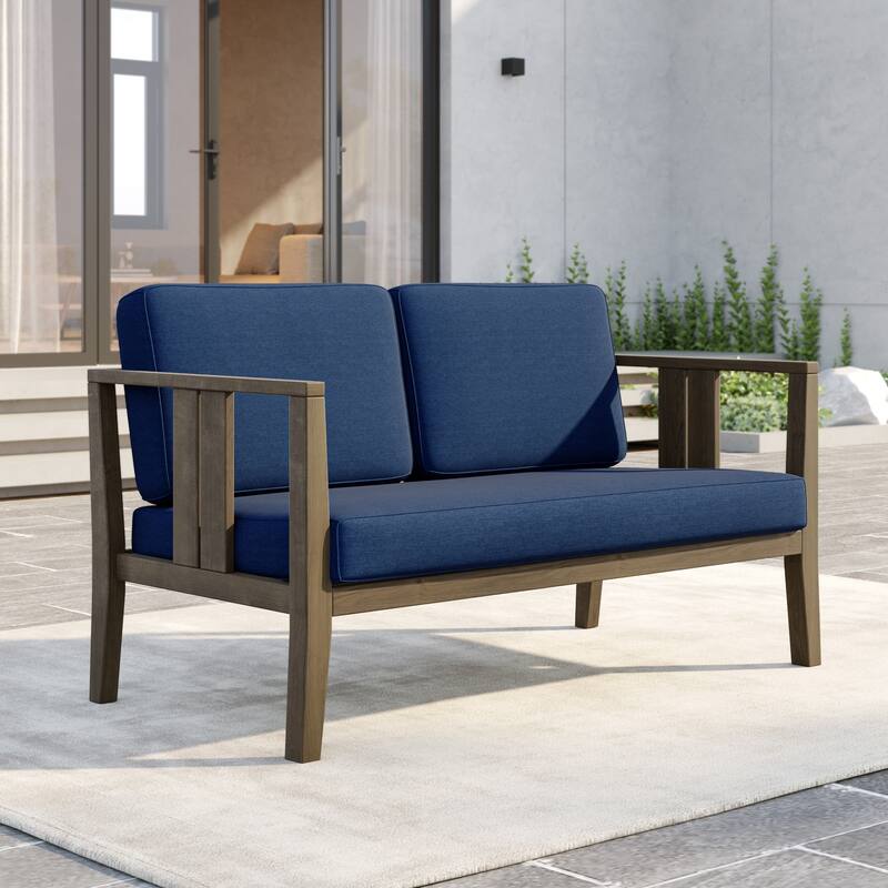 Outdoor Teak Solid Wood Patio Furniture Set Loveseat Armchair Table Collection - Loveseat - Naturalframe-Navy