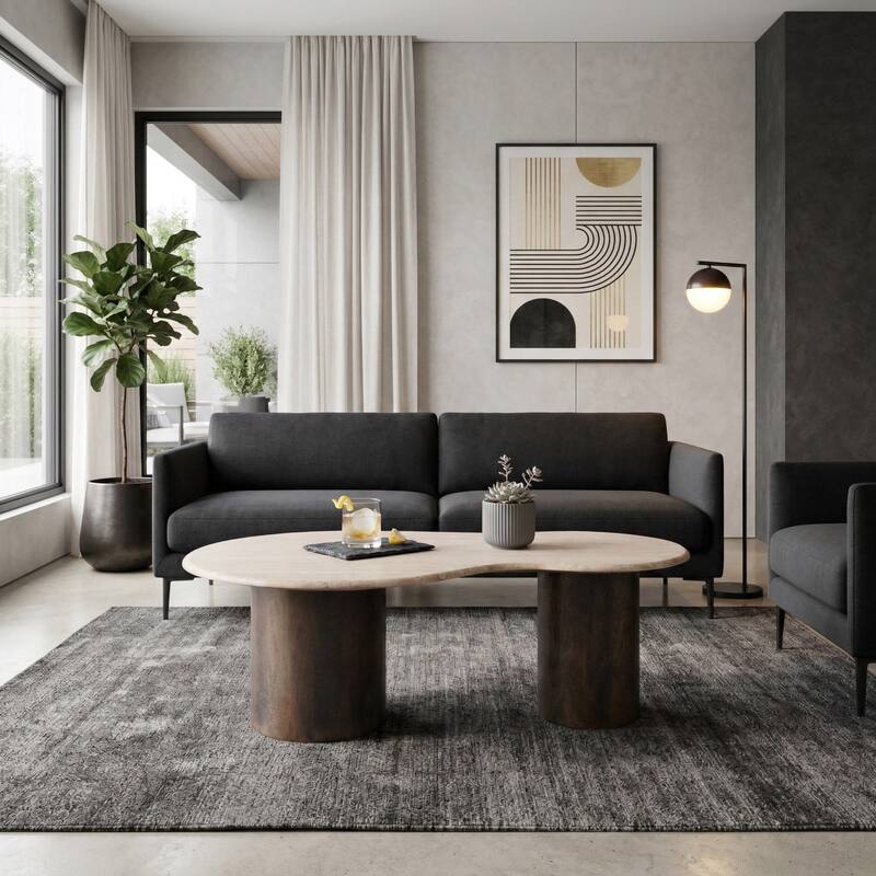 Mango Wood Travertine Curvy Top Coffee Table - Brown, 16" - 48.0" - 48.0" - Brown - Tile