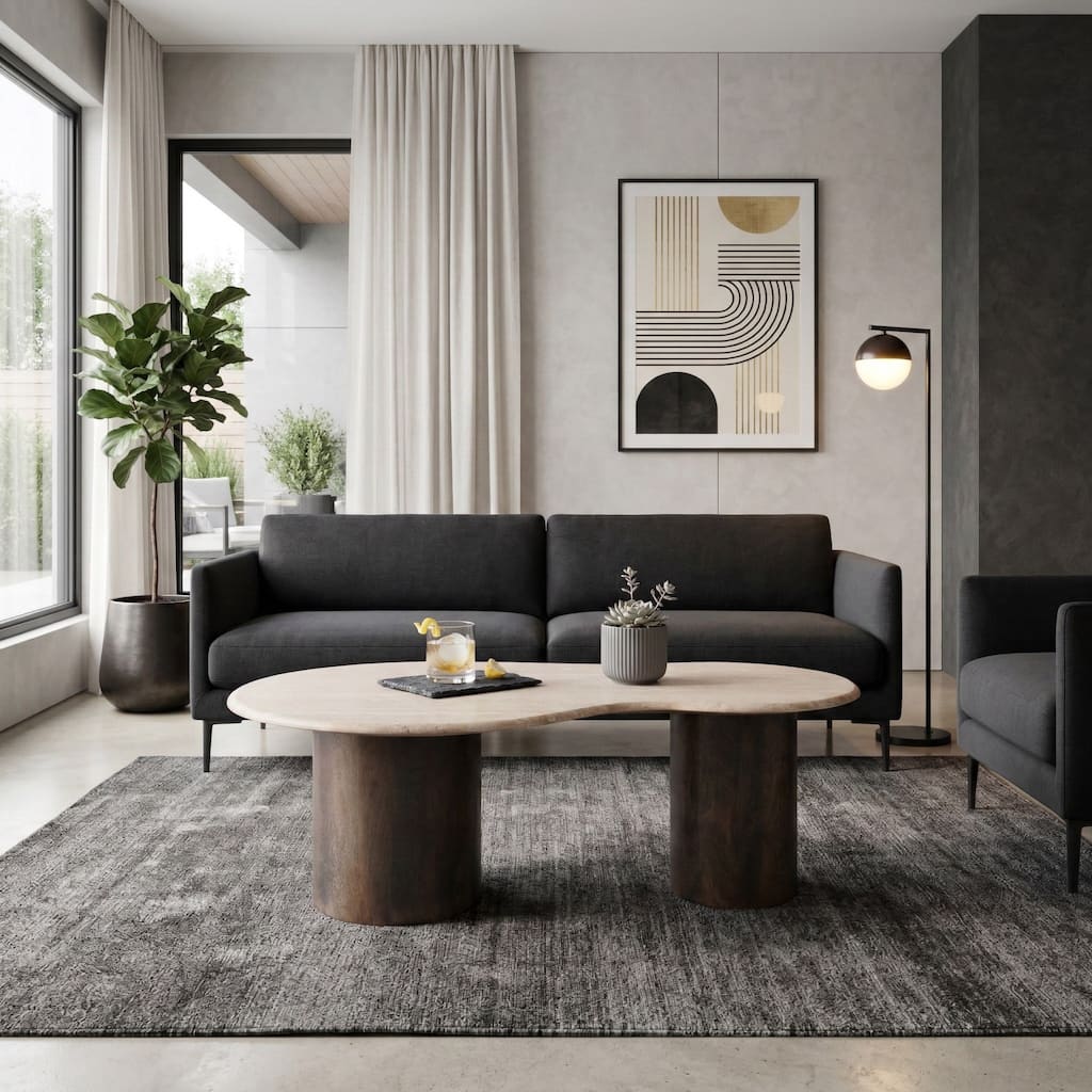 Mango Wood Travertine Curvy Top Coffee Table - Brown, 16" - 48.0"