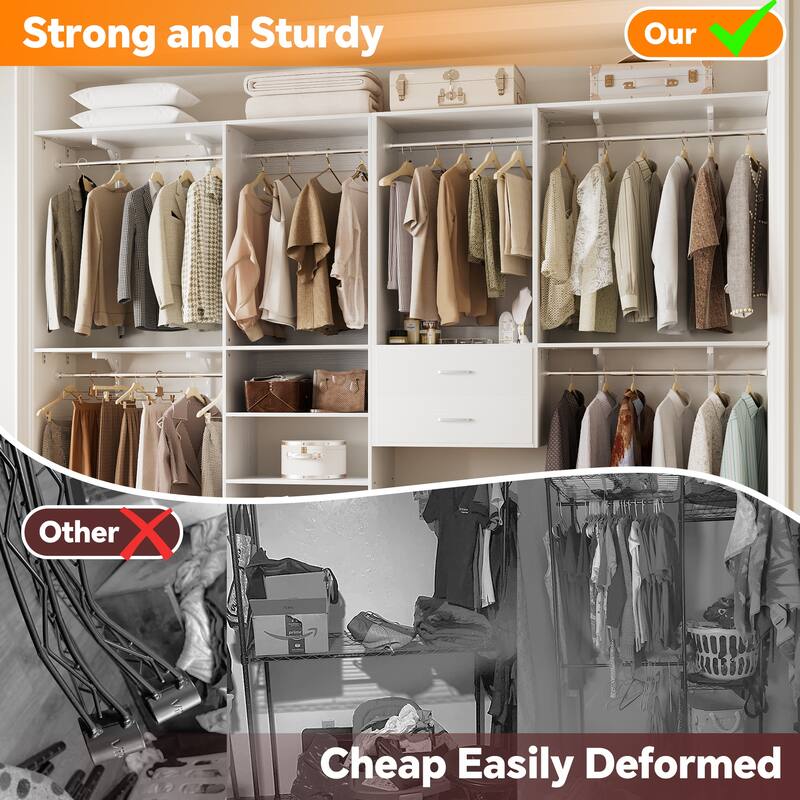 Closet System with 2 Sets, 154'' Walk-in Closet Organizer System with 2 Drawers & 8 Hanging Rods & 6 Reversible Shelf Towers