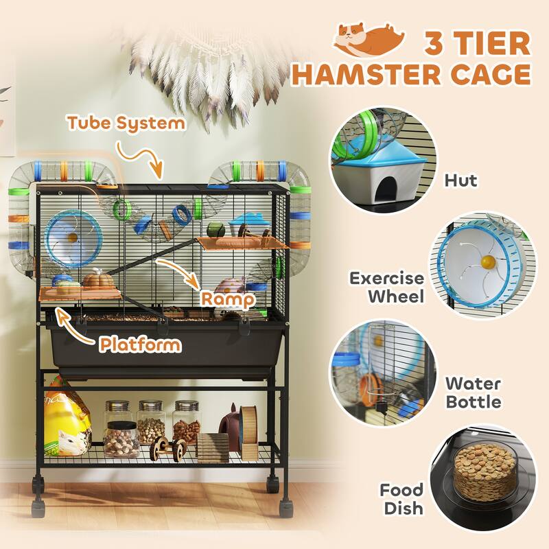 Three-Tier Hamster Tank with Wheels, Storage Shelf and Accessories - 32.3" L x 17.7" W x 41.9" H