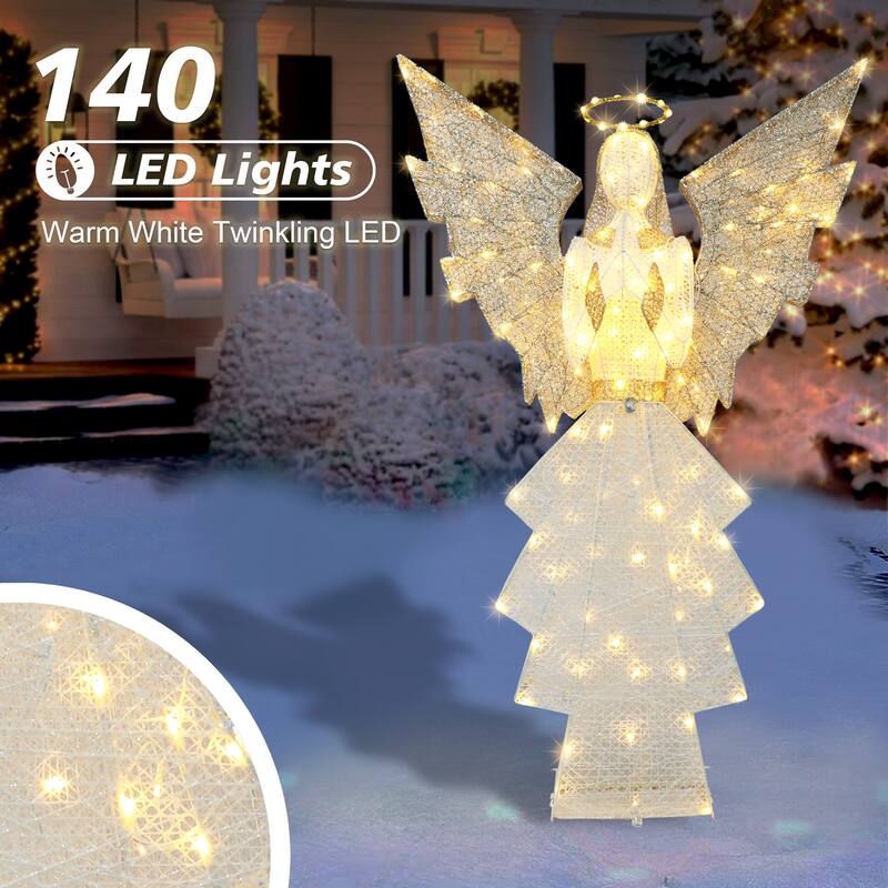 Puleo International 60 in Outdoor Lighted Angel with 140 Warm White LED Lights - Gold/White