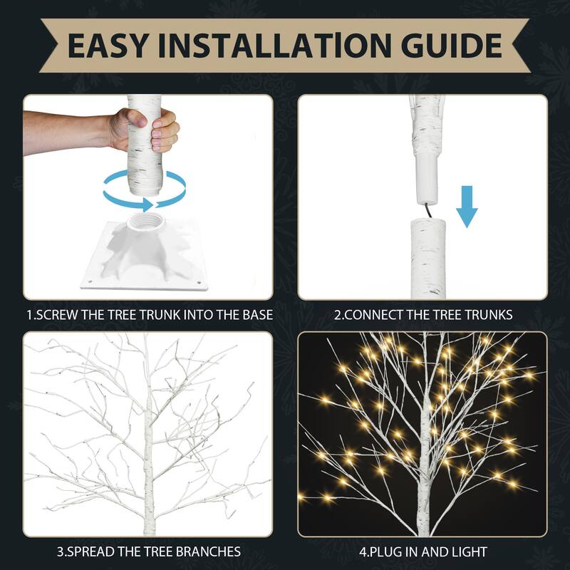 Roomfitters Set of Artificial Birch Trees, 4FT 5FT 6FT Holiday Decoration with Warm White Lights for Indoor, White