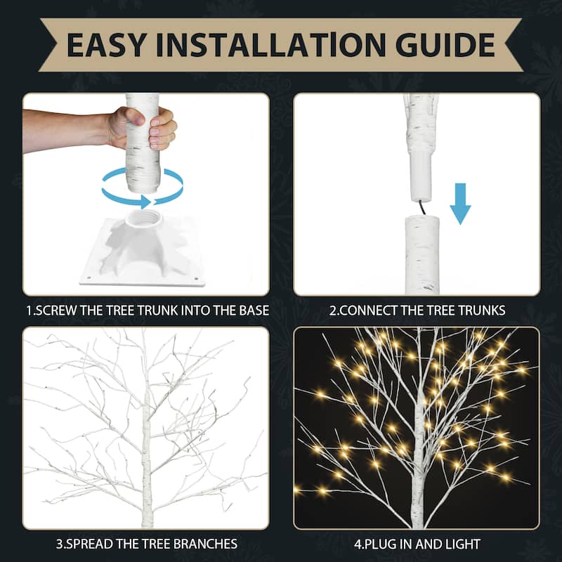 Set of 3 Pre-Lit Birch Trees with Warm White LED Lights, 4FT 5FT 6FT Artificial Christmas Decoration