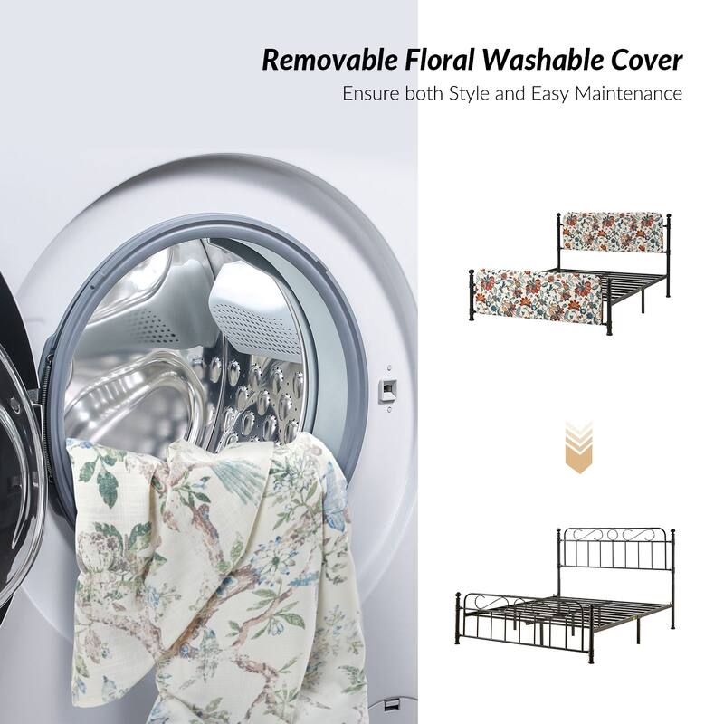 Diana Transitional 62" Floral Upholstered Platform Metal Bed Frame with Washable Slipcover by HULALA HOME