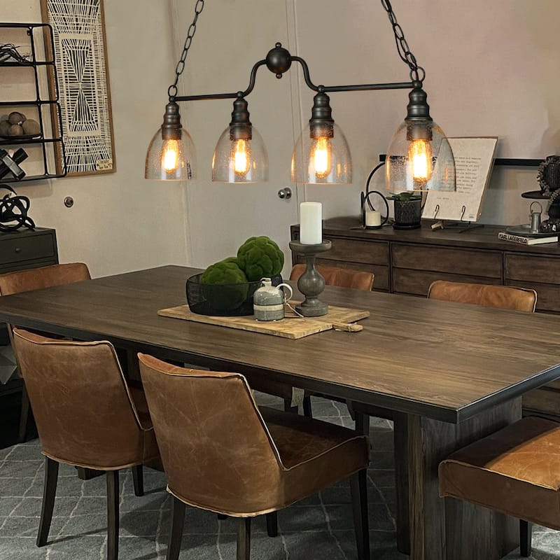 Silver Farmhouse Rustic Linear 4-Light Chandelier 32-inch Glass Dining Room Kitchen Island Pendant Lights - L32"x W 5"x H 12"