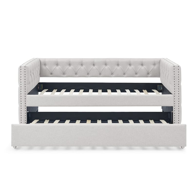 Beige Twin Size Upholstered Tufted Daybed with Button and Copper Nail on Square Arms for Bedroom