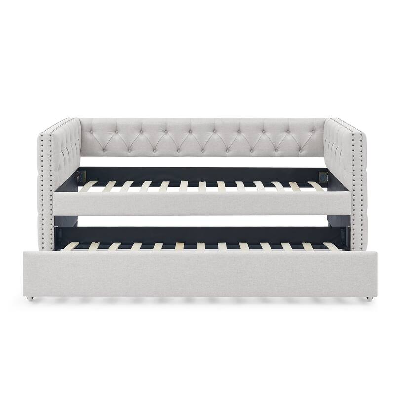 Trundle Upholstered Tufted Sofa Bed,with Button and Copper Nail on Square Arms,both Twin Size