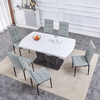 7-Piece Dining Table Set with Faux Marble Top and V-Shaped Legs - Bed ...