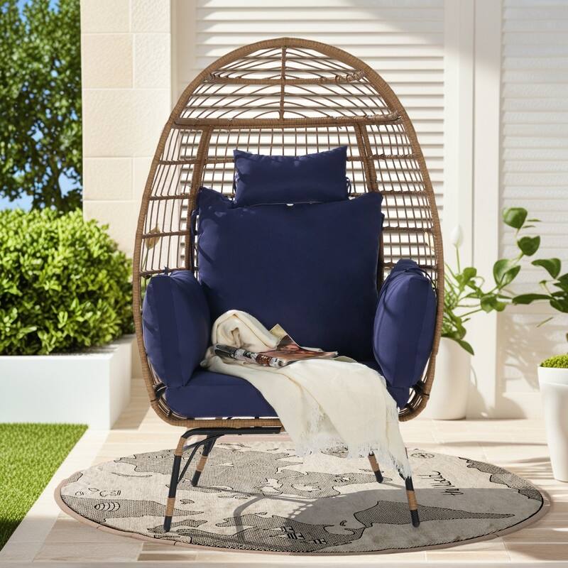 Luxury All-Weather Egg Chair, Oversized Rattan Hanging Chair for Patio, Balcony & Backyard, 6" Thick Fade-Resistant Cushions - DarkBlue