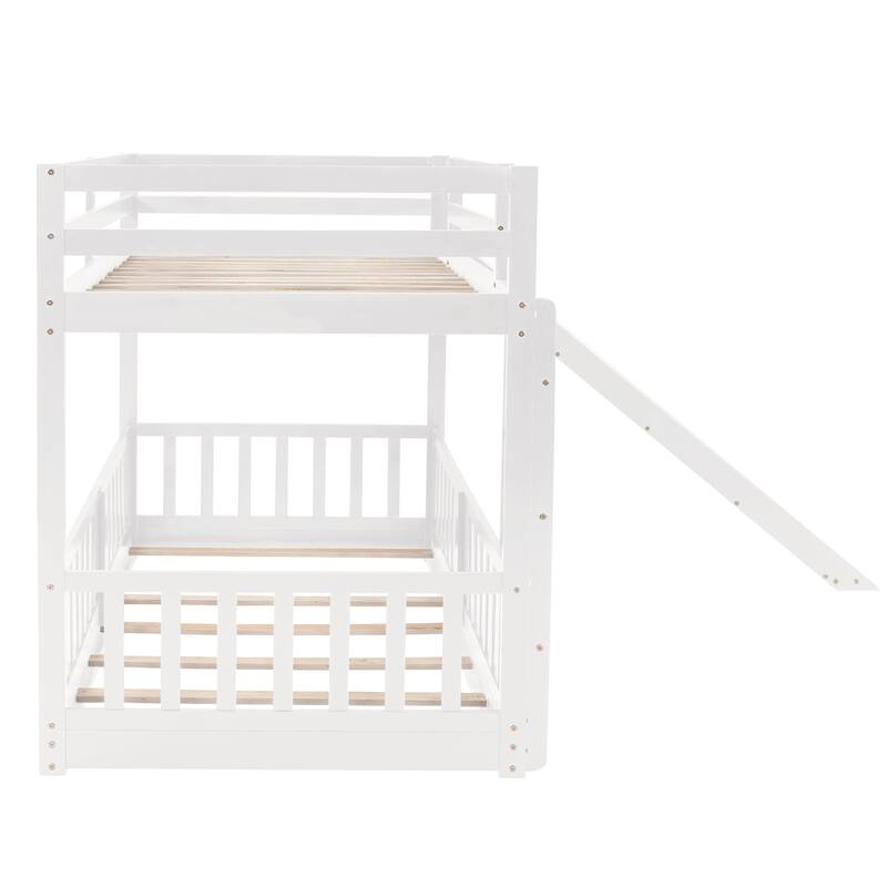 White Twin Over Twin Bunk Bed with Slide and Ladder, Space-Saving Design