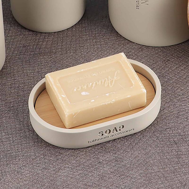 Chic Polyresin Soap Dish with Draining Bamboo Insert - 5 L x 3.4 W x 1 H - Beige