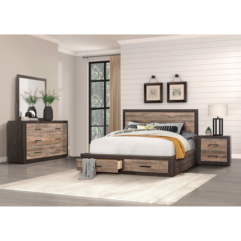 Two-Tone Finish Bedroom Set 4pc Platform Storage Bed Nightstand Dresser Mirror
