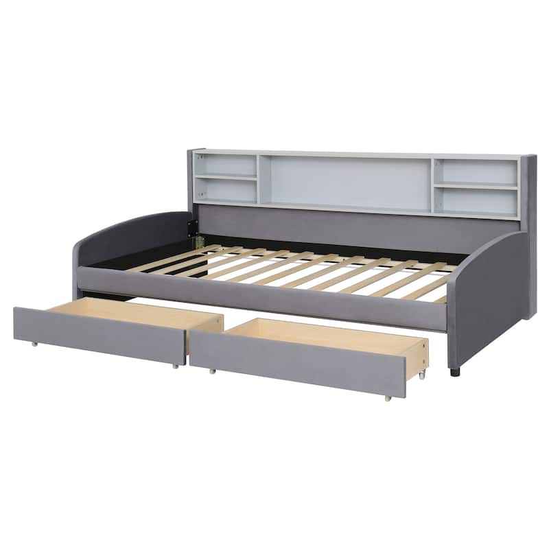Twin Size Daybed Upholstered Platform Bed with Storage Shelf Headboard and 2 Drawers, Wood Daybed Frame with Curved Armrest