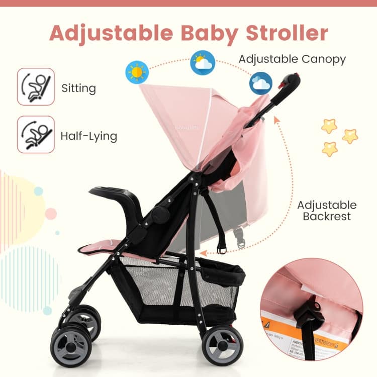 Steel Kids Stroller with Recline, Canopy and All-Terrain Wheels - 35"(L) x 18"(W) x 39"(H)