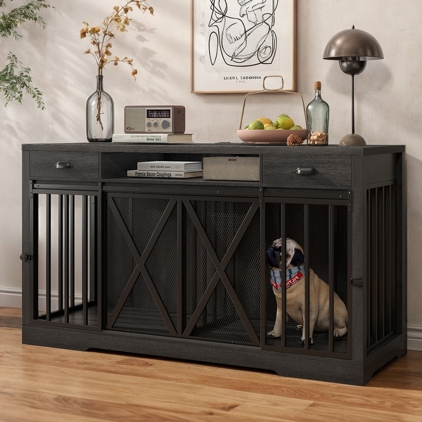 63 Inch Double Dog Crate TV Stand with Charging Station - Bed Bath