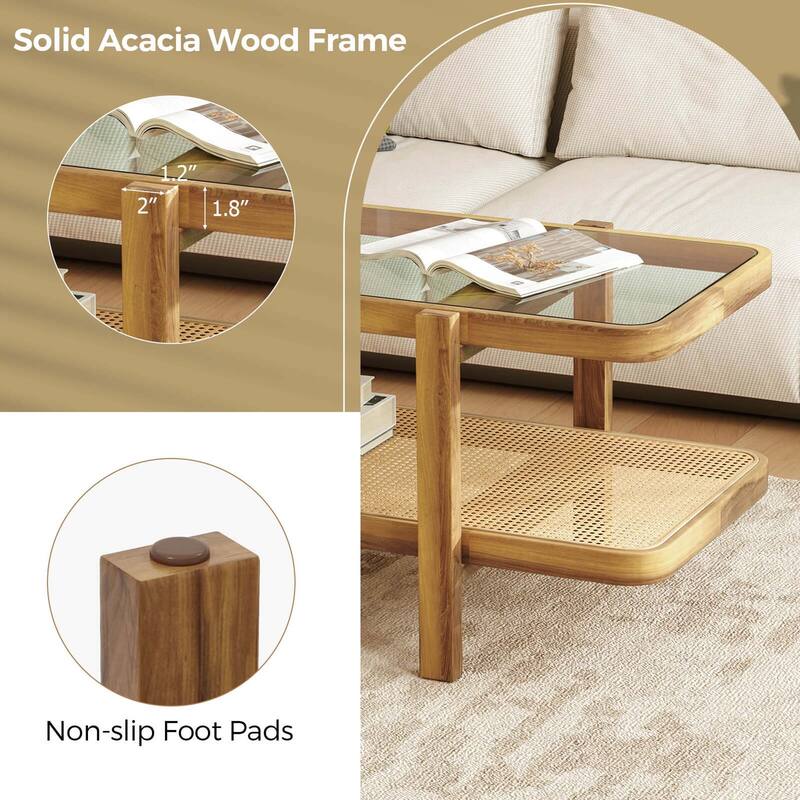 Costway 2-Tier Rustic Coffee Table with Storage Tempered Glass - Brown & Natural - See Details