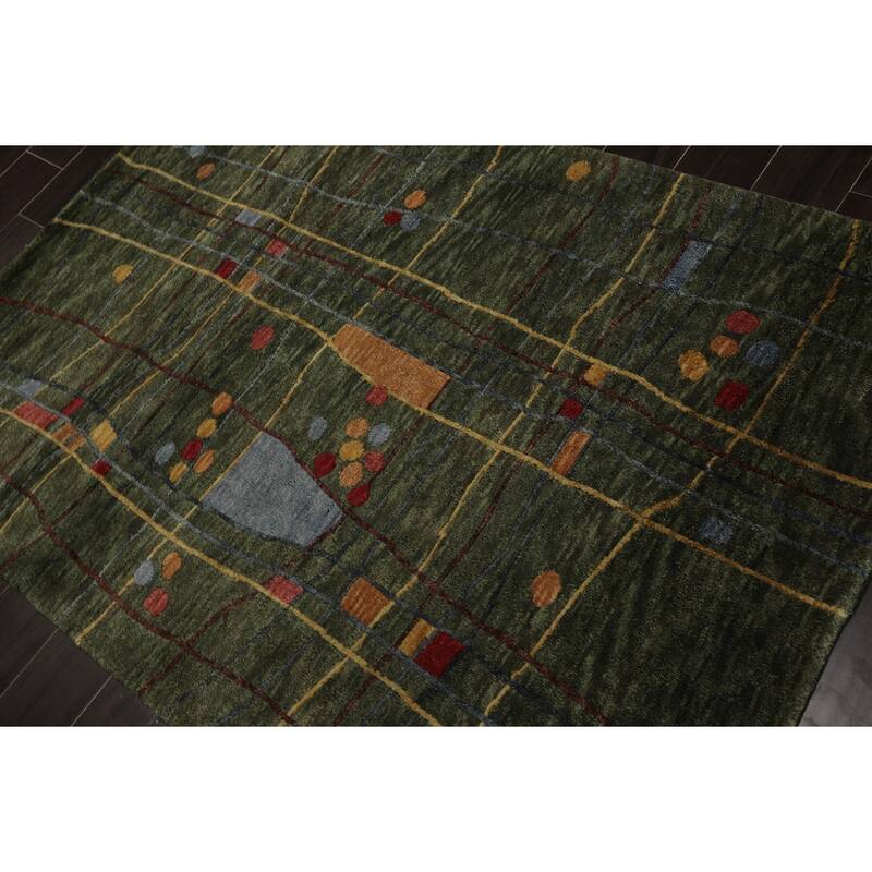 Tibetan Modern Plush Pile Designer 4'2''x5'10'' Hand Knotted Wool Green Rug - 4' 2'' x 5' 10''