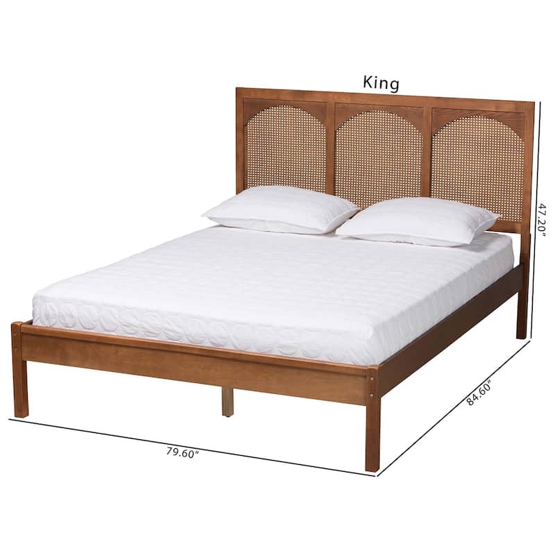 Blossom Classic and Traditional Ash Walnut Finished Wood and Rattan Queen Size Platform Bed
