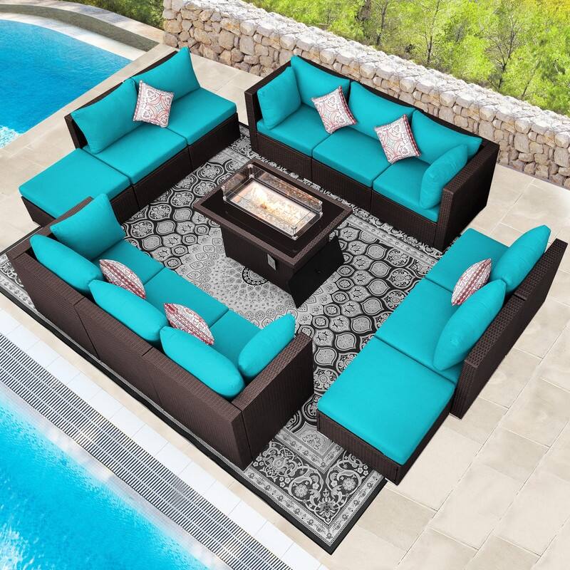 13-Piece Outdoor Wicker Patio Sectional Conversation Set with 43" CSA Fire Pit Table - Teal