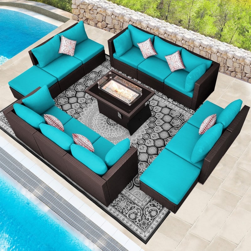 13-Piece Outdoor Wicker Patio Sectional Conversation Set with 43" CSA Fire Pit Table