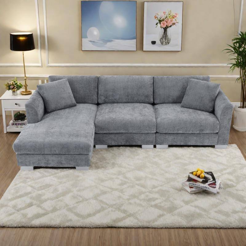 96" Chenille L-Shaped Sectional Sofa with Oversized Chaise, 4-Seater Cloud Couch and Includes 2 Pillows - Gray