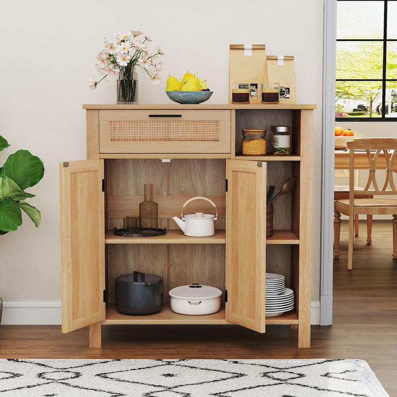 Natural Rattan Buffet Sideboard with Drawer and Cabinet Modern Storage Console Table for Living Room or Dining Room - Natural
