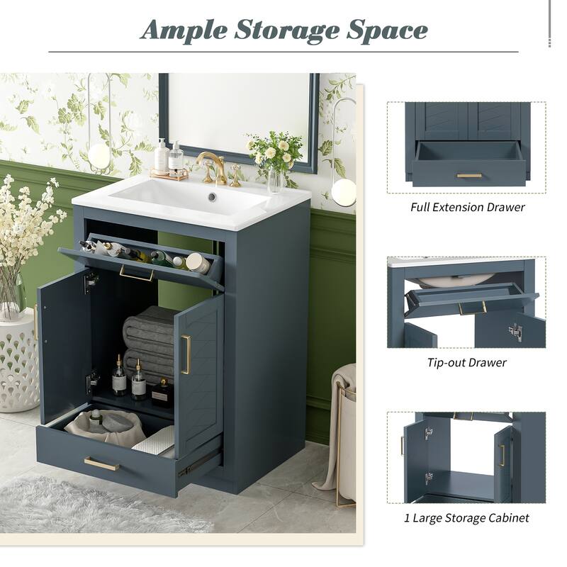 24" Bathroom Vanity with Integrated Ceramic Sink, Bathroom Cabinet with 2 Doors, 1 Tip-out Drawer, Single Sink Bathroom Vanity
