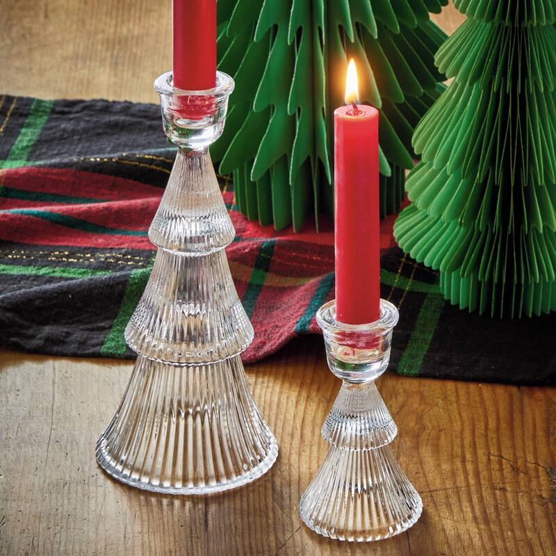 Large Clear Glass Ribbed Taper Candle Holder - Elegant Christmas Decor, 3.5" x 3.5" x 7.5" - Wipe Clean