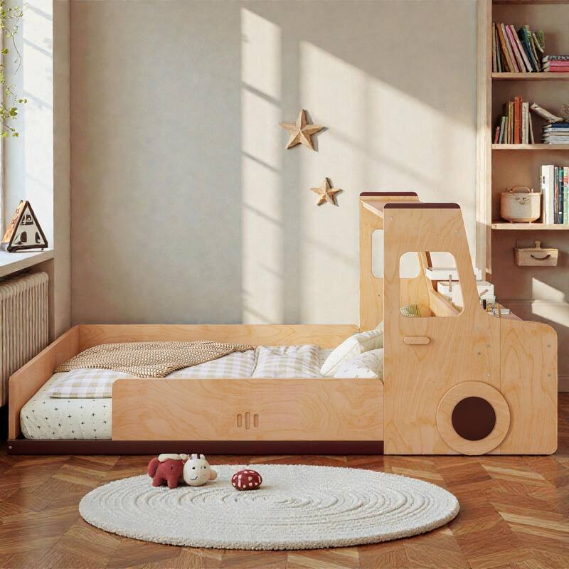 Kids Car Floor Bed with Storage Drawers and Desk, Car-Shaped Wood Floor Bed with Window, Twin Full Sizes