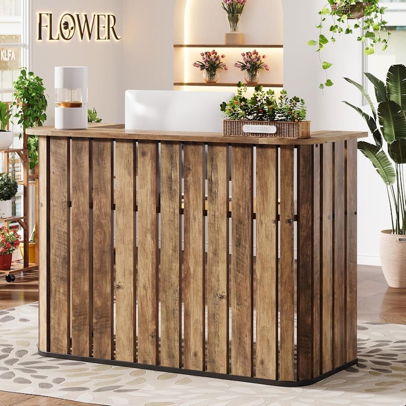 63-Inch Brown MDF Reception Desk, Modern U-Shaped Front Desk with Private Panel for Reception Room - Brown