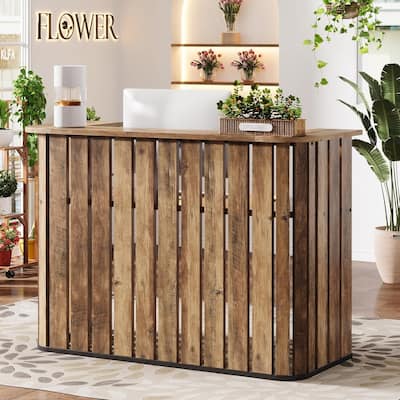 63-Inch Brown MDF Reception Desk, Modern U-Shaped Front Desk with Private Panel for Reception Room