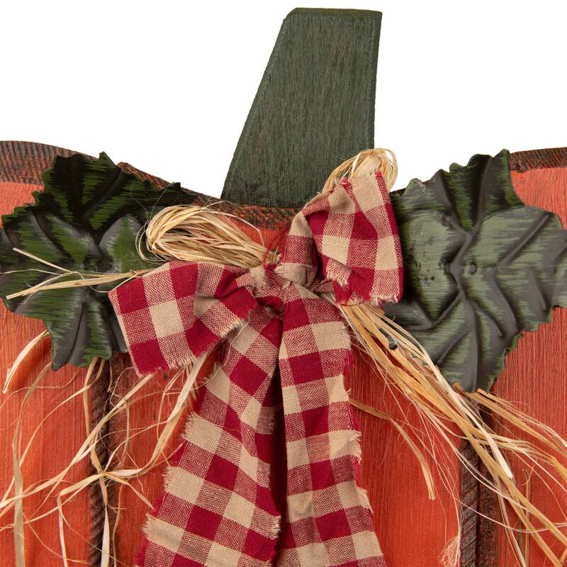 Wooden Pumpkin Fall Harvest Decoration with Bow and Leaves - 15.25"