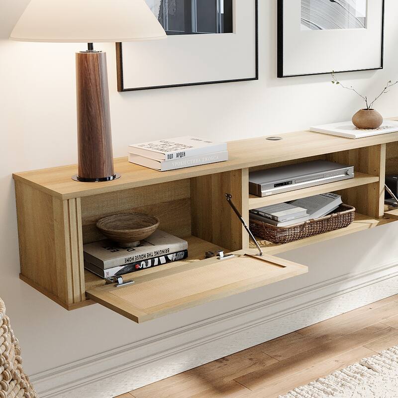 WAMPAT Floating TV Stand Shelf with Power Outlet and 2 Rattan Doors